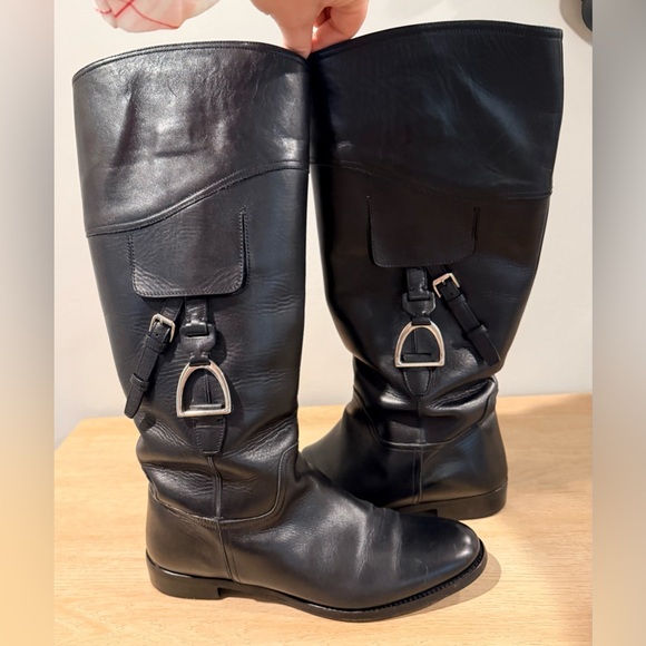 Ralph Lauren Blue Label Shoes - Vintage Ralph Lauren Stirrup Riding Boots Black Leather 7.5B Made in Italy